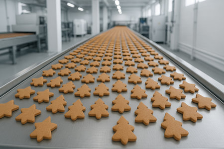 Production of gingerbread cookies on factory conveyor line in modern industrial setting. concept of...