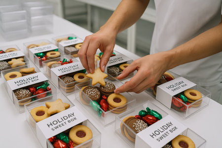 Person packing sweet holiday gift boxes with assorted cookies and chocolates for festive celebration, concept of delicious holiday treats, handmade gifts, seasonal joy.の写真素材