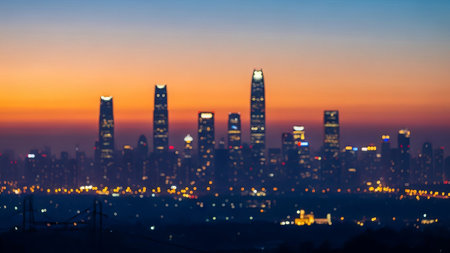 Blurred city skyline at sunset showing bokeh lights of buildings. Abstract urban landscape for...