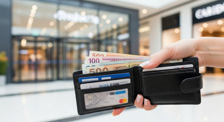Woman caucasian hand holding black leather wallet full of cash money and credit card in a shopping...