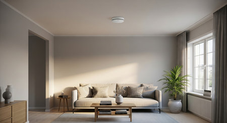 Smart home device mounted on ceiling in modern living room, offering safety and automation....