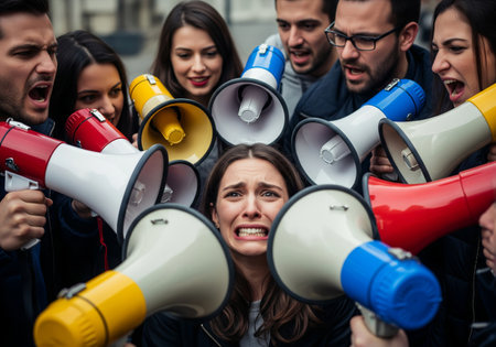 Woman covering ears, surrounded by people shouting through megaphones, representing fake news and information overload in social media..の写真素材