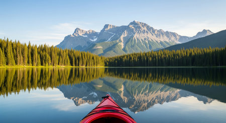 Red kayak on calm lake with reflection of mountain and forest. Outdoor sport, adventure, travel concept for summer vacation..の写真素材