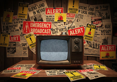 Old television with static screen on a table surrounded by newspapers and alert signs.の写真素材