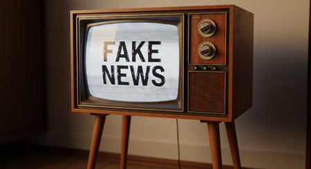 Old retro television displaying the words fake news on its screen. Concept of misinformation, propaganda, and media literacy for education.の写真素材
