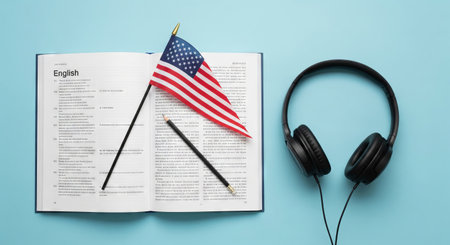 Open English language textbook with an American flag, pencil, and black headphones for studying, learning, or education..の写真素材