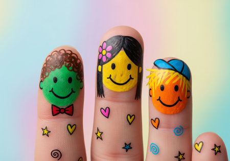 Three cheerful finger puppets with painted faces and colorful heart and star stickers. Fun social gathering and happy childhood concept..の写真素材