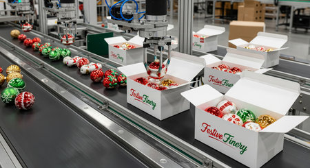 Robotic arm packing festive ornament into box on production line. Automated manufacturing for...