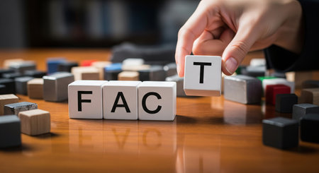 Woman's hand placing letter t on word fact. Finding factual information and truth in news and media for authenticity and integrity.の写真素材