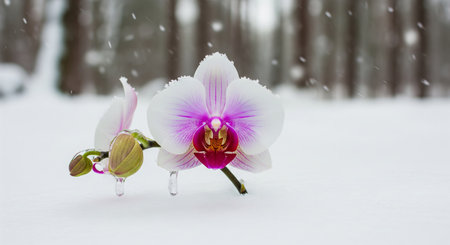 White and purple orchid flower with snow on petals and ice on buds. Winter beauty concept for greeting card. Cold season..の写真素材