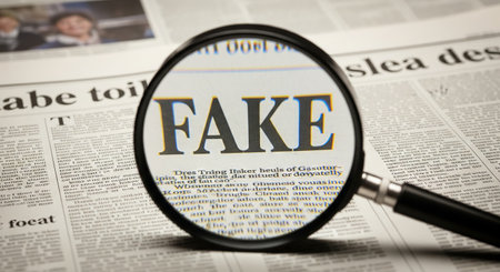 Loupe magnifying word fake in newspaper article, concept of misinformation, propaganda and checking news for truth.の写真素材