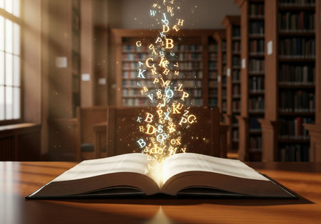 Open book with glowing letters and light sparks coming from its pages. Concept of knowledge,...