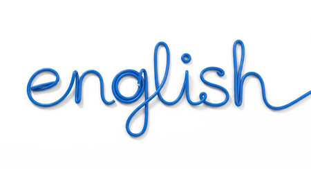 Blue flexible wire spelling out word english in script font. Language learning concept. Education...