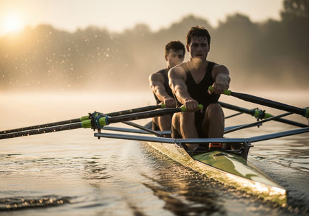 Two men rowing on a river during sunrise, a dynamic outdoor sport that represents teamwork and...