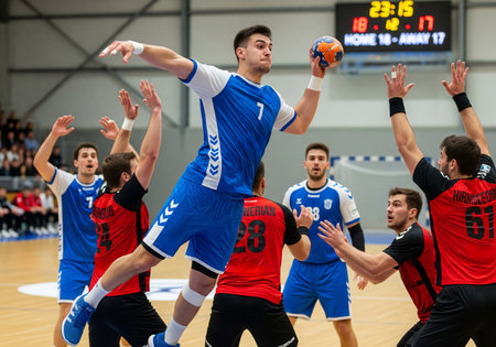 Male handball player in blue uniform jumps to shoot the ball during an intense match. Dynamic action...