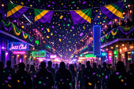 Mardi gras celebration with vibrant street party featuring colorful lights, festive decorations, and crowds of people enjoying the lively atmosphere at night in new orleans..の写真素材