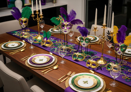 Table setting decorated with Mardi Gras masks and beads. Dining decor for Fat Tuesday party or carnival celebration. Festive holiday banquet..の写真素材