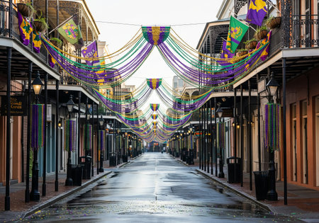 Empty street with Mardi Gras decorations, including colorful beads and flags, hanging over balconies...