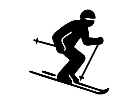 Black silhouette of skier in action on slope, isolated winter sports icon on white background. concept of skiing, athlete, snow, mountain sports, winter adventure, alpine, design element.のイラスト素材
