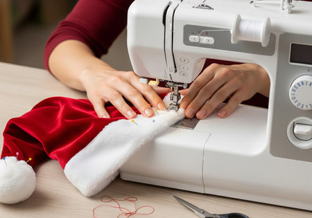 Woman sewing a Santa hat with a sewing machine. Handmade Christmas decoration for holiday celebration. DIY project for winter season..の写真素材