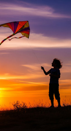 Silhouette of child flying colorful kite at sunset on open field. concept of childhood joy, outdoor fun, freedom, vertical.の写真素材
