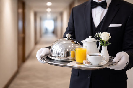 Waiter in black suit serving breakfast with coffee and orange juice in a luxury hotel hallway. concept of hospitality, fine dining, morning service.の写真素材