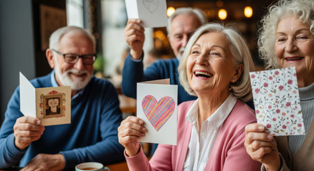 An elderly woman holds a handmade Valentines Day card with a colorful heart design. Senior friends celebrate love and friendship, sharing greeting card.の写真素材