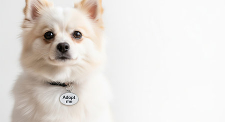 Cute dog with adopt me tag looking at camera on white background. concept of pet adoption, animal rescue, loving companionship, copy space.の写真素材