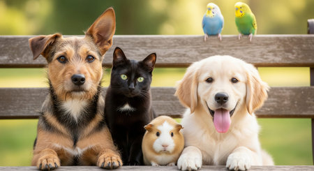 Pet adoption day celebration featuring happy dogs, cat, guinea pig, and parakeets on a sunny day...