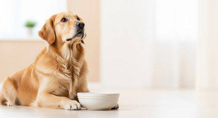 Golden retriever sitting with empty food bowl on floor in bright room. concept of pet adoption opportunity, canine nutrition, domestic dog care, copy space.の写真素材