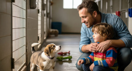 Father and son enjoy pet adoption day at animal shelter meeting adorable puppy. concept of family bonding, animal rescue, compassionate care.の写真素材