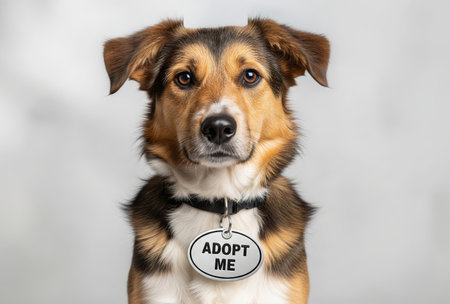 Cute dog with adopt me tag highlighting the importance of pet adoption day and rescuing animals in need at animal shelter.の写真素材