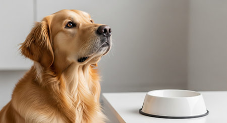 Golden retriever sitting patiently by empty food bowl indoors. concept of pet care, canine...