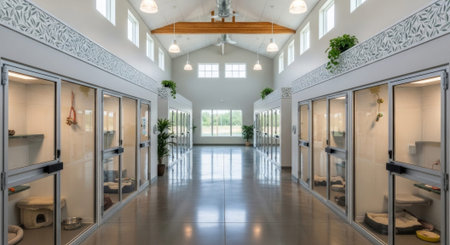 Modern pet adoption center with clean, spacious rooms and natural lighting showcasing humane animal...