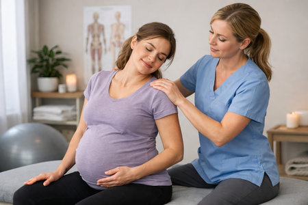 Pregnant woman receiving physiotherapy from therapist in clinic, promoting rehabilitation, prenatal...