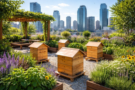 Urban beekeeping concept featuring rooftop garden beehives with lush flowers and city skyline....