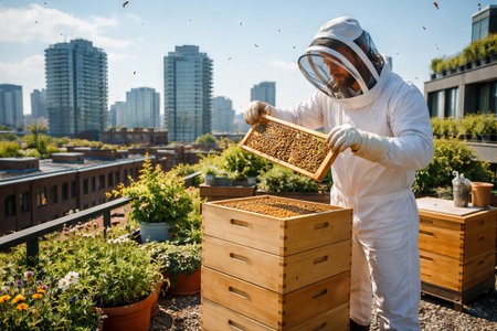 Urban beekeeping on rooftop with beekeeper handling hive frames surrounded by cityscape. concept of...