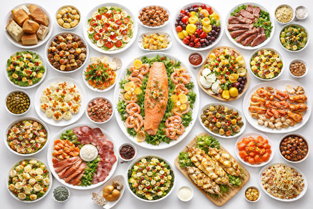 Full catering with various salads, meats, seafood, fruit, appetizers, vegetables on white table for...