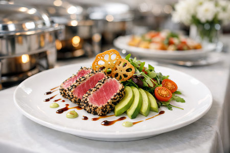 Seared tuna steak with sesame crust, avocado, fresh salad, lotus root chips. Healthy gourmet food...