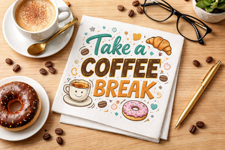 Take a coffee break creative illustration on napkin with real coffee and donut on wooden table for...