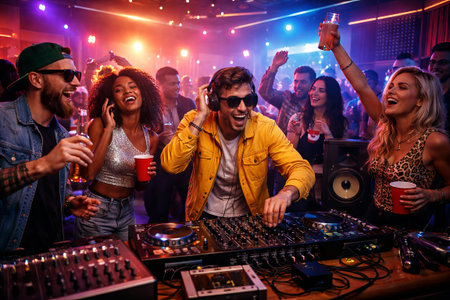Man DJ playing music at nightclub party with women and men dancing around him. Friends having...