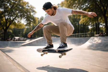 Young tattooed man performing an ollie jump on a skateboard in a skatepark. Urban sports and active...