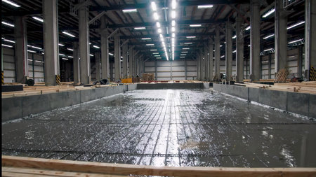 Construction of large indoor swimming pool in modern industrial facility with concrete foundation...