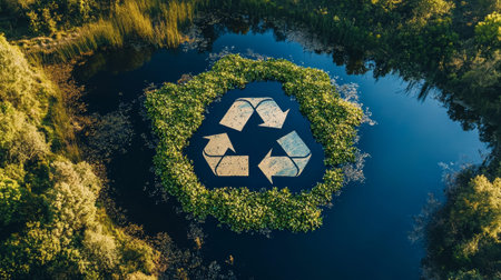 Aerial view of lake shaped like recycling sign surrounded by lush greenery highlighting environmental conservation and nature harmony.の写真素材