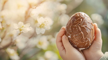 Child's small hands holding a beautifully wrapped chocolate egg among spring blossoms. concept of easter celebration, childhood wonder, sweet treat joy, copy space.の写真素材