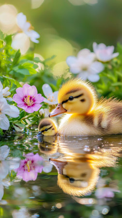 Close up of ducklings swimming in a small stream surrounded by spring flowers with reflections. concept of nature beauty, wildlife serenity, peaceful habitat.の写真素材