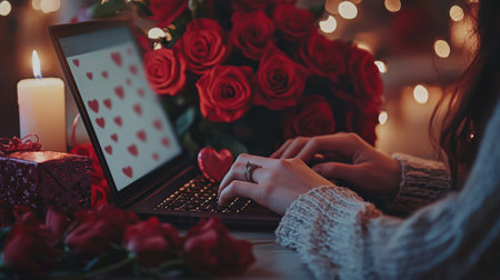Close up of woman's hands typing on a laptop among red roses and romantic lights. concept of love, digital communication, romantic atmosphere, Valentines Day.の写真素材