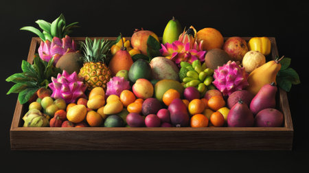 Exotic fruits on a wooden tray featuring vibrant tropical varieties including dragon fruit, papaya, and pineapple for a colorful culinary experience.の写真素材
