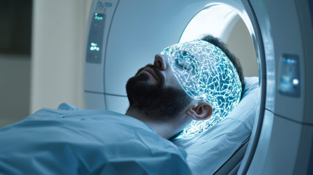 Patient in medical gown undergoing mri scan in hospital for diagnostic imaging. concept of healthcare, patient care, medical examination.の写真素材