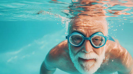 Senior caucasian man swimming underwater in a pool wearing goggles. concept of active lifestyle, water exercise, healthy living.の写真素材